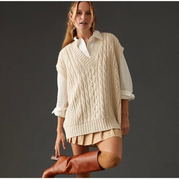 By Anthropologie | Ivory Oversized Preppy Cable Knit Sweater Vest XXS - Picture 1 of 15
